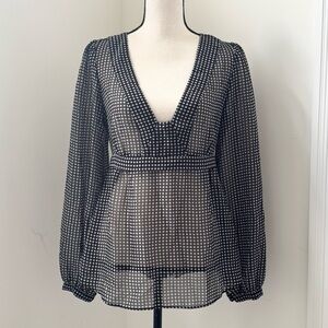 Daisy Fuentes Babydoll Top M Black Polka Dot Sheer V-Neck Coquette Whimsigoth